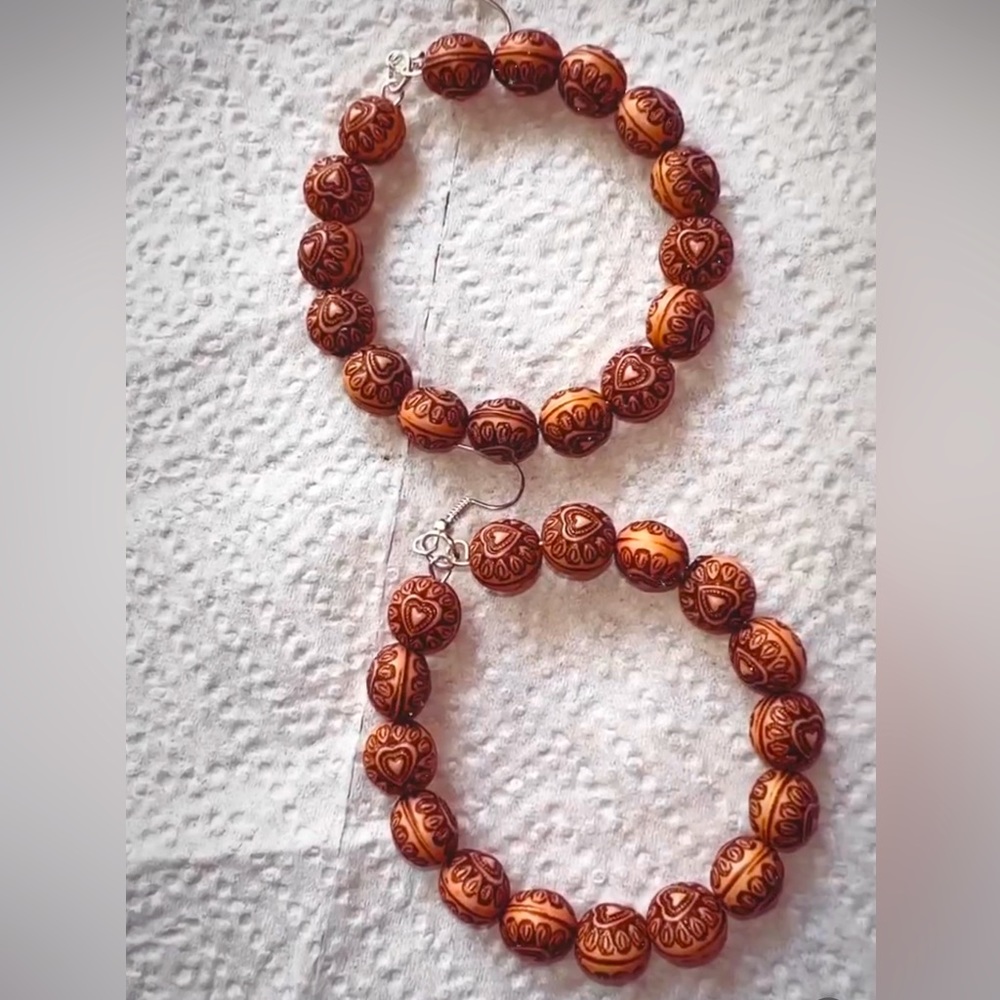 Wood beaded hoop earrings with etched heart design handmade brand new